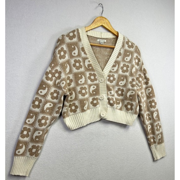 American Eagle Cropped Cardigan Sweater Yin Yang Flower Print Beige Cream M - Picture 9 of 9